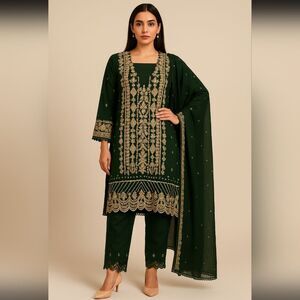 Bollywood Elegant Green and Gold Embroidered Dress